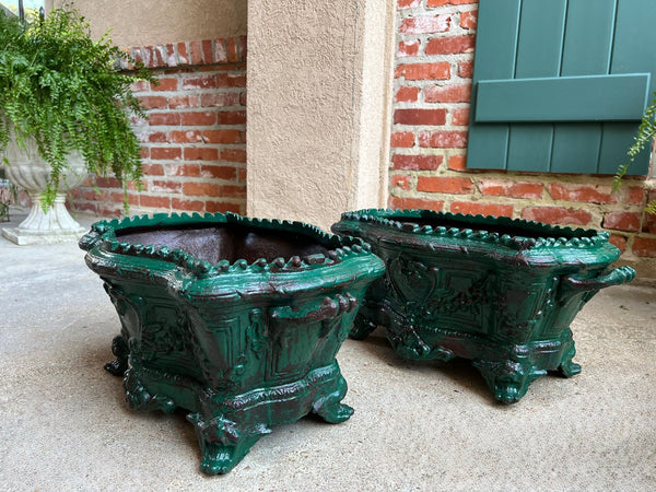 PAIR Antique French Cast Iron Jardiniere Large Footed Cache Pot Planter c1880