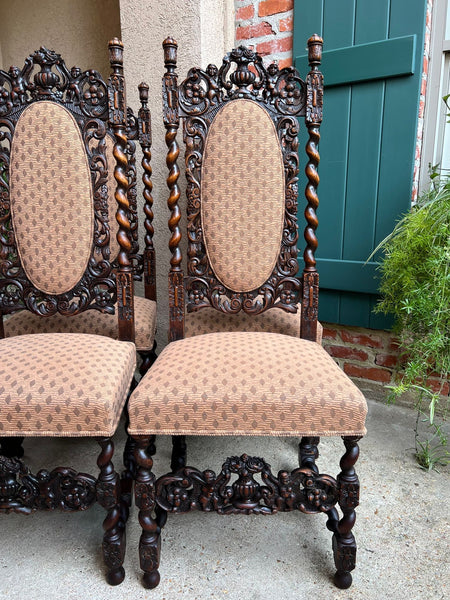 Set 4 TALL Antique French Dining Chair Barley Twist Renaissance Carved Oak 1890