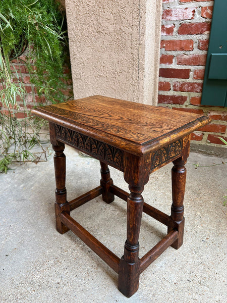 Antique English Footstool Bench Joint Stool Carved Oak Jacobean Stand c1900