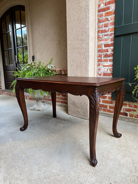 Antique French Sofa Side Table Writing Desk Louis XV Carved Oak Parquet Top