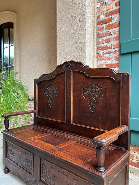 Antique French Louis XV Hall Bench Carved Oak Foyer Settee Lift Top Chest c1890