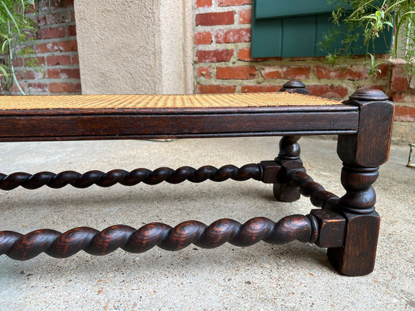 Antique English Barley Twist Stool Bench Oak Cane Jacobean Ottoman c1920