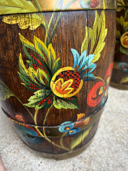PAIR Set Antique English Oak Barrel Jardinière Planter Rosemaling Hand Painted