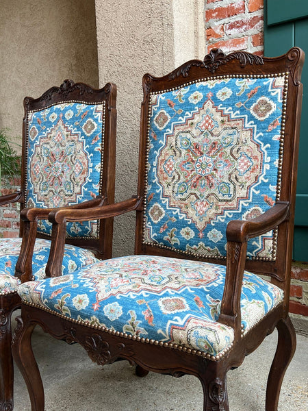 PAIR Antique French Dining Arm Chair Louis XV Carved Oak Blue Persian textile