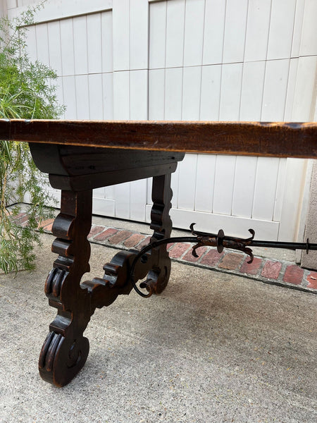Antique French Oak Dining Table Catalan Trestle 7 ft. Farmhouse Plank Top c1890
