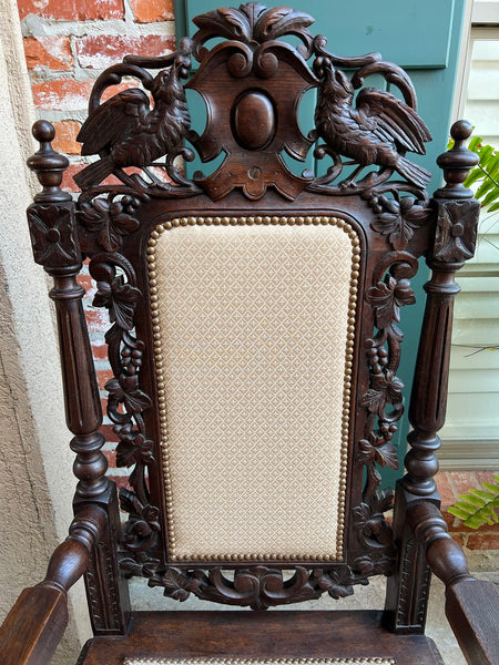 PAIR Antique French Arm Chair Dining Renaissance Carved Oak Bird Black Forest