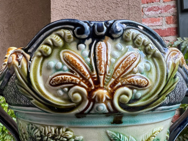 Antique French Majolica Jardinière Onnaing Tiger Monkey Jungle Cache Pot Planter