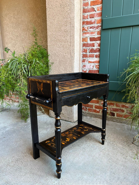 Antique English Sofa Side Table Decoupage Botanical Floral Black Gold c1890