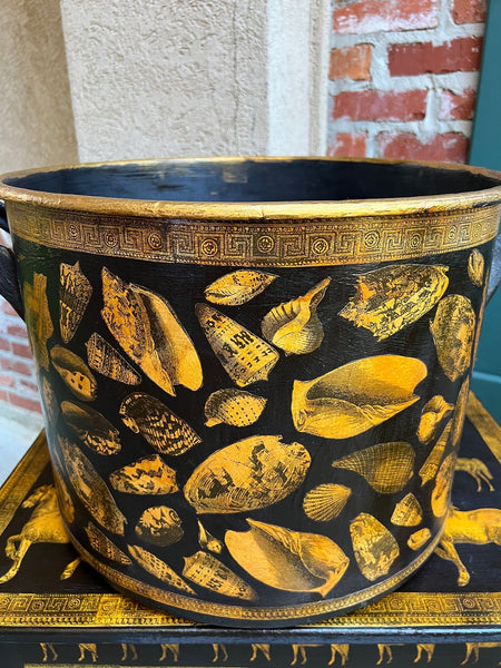 LARGE Antique English Planter Cachepot Black Metal Lacquer SHELL Decoupage c1890
