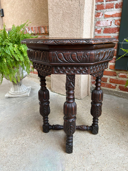 PETITE Antique French Octagon Center Side TABLE Side End Renaissance Carved Oak