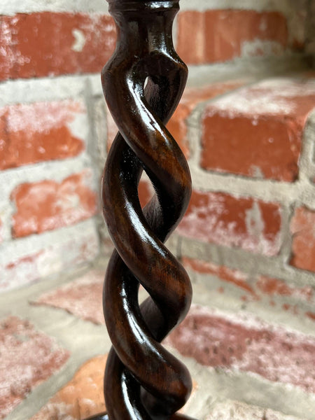 PAIR Set Antique English Oak OPEN Barley Twist Candlesticks Candle Holder Brass