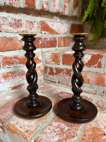 PAIR Set Antique English Oak OPEN Barley Twist Candlesticks Candle Holder Brass