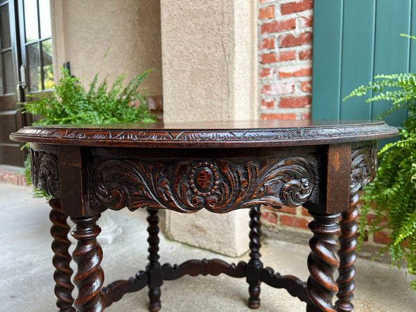 Antique French ROUND Side Center Table BARLEY TWIST Carved Oak Renaissance c1900