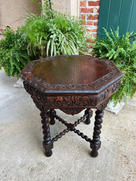 Antique French Octagon Sofa Table Carved Oak Barley Twist Louis XIII Renaissance