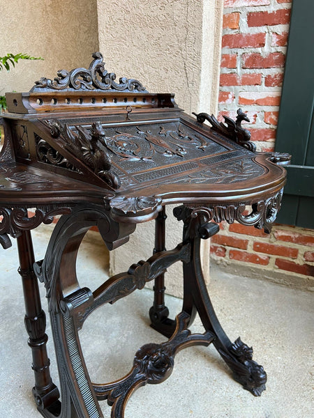 Antique French Writing Desk Secretary Black Forest Carved Oak Renaissance c1890