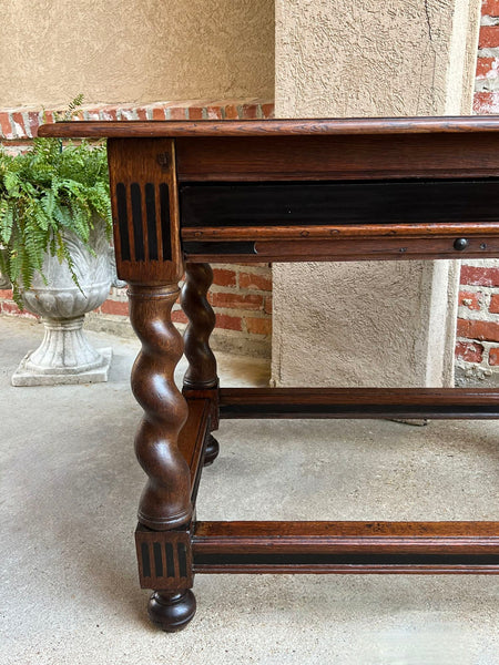Antique English Sofa Side Table Barley Twist Ebonized Library Desk Carved Oak