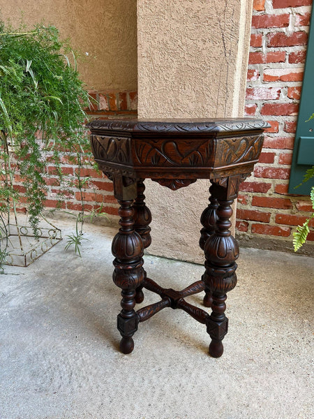 PETITE Antique French Octagon Center Side TABLE Renaissance Carved Oak c1890