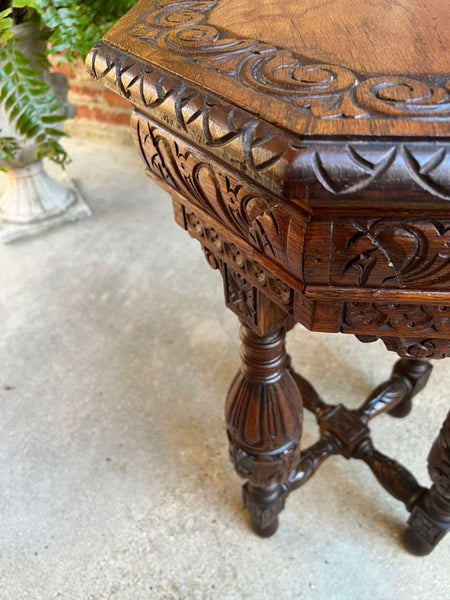 Petite Antique French Octagon Side TABLE Renaissance Carved Oak c1900
