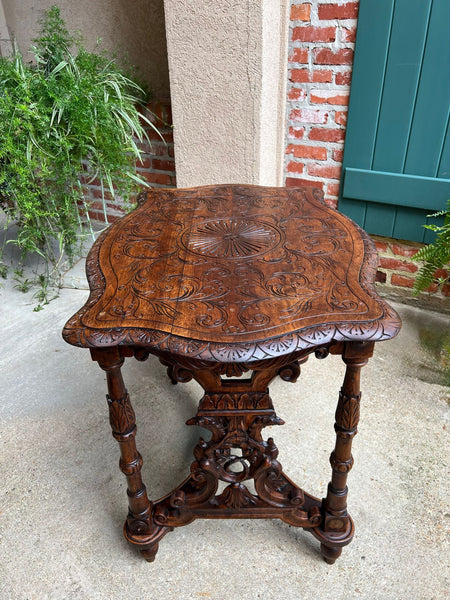 Antique French Sofa Hall Table Carved Oak Renaissance Revival Cherub End Table