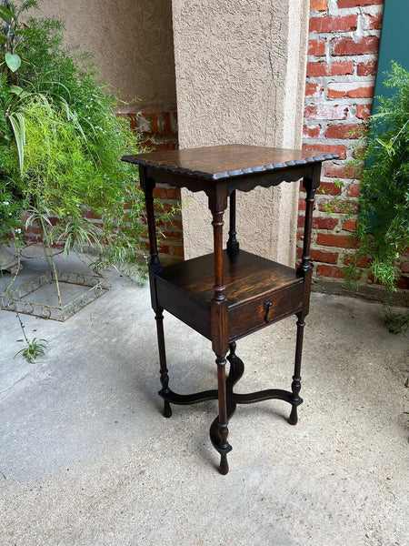Antique English End Table SQUARE PETITE Jacobean Oak Two Tier c1900
