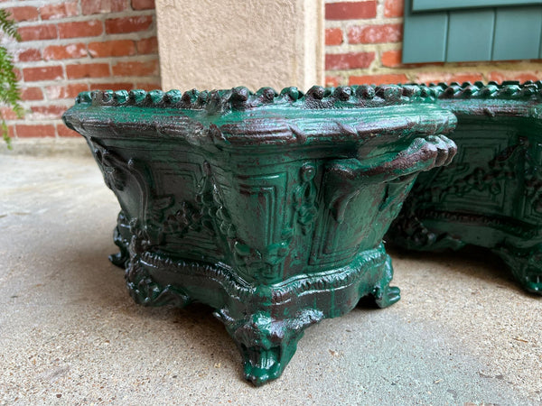 PAIR Antique French Cast Iron Jardiniere Large Footed Cache Pot Planter c1880