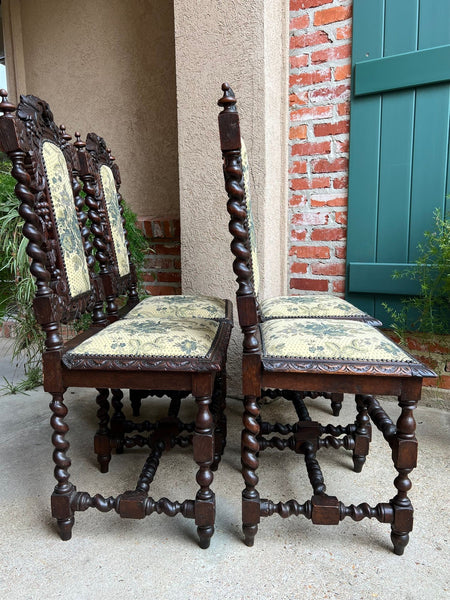 Set 4 Antique French Dining Chair Barley Twist Renaissance Carved Oak Green 1900