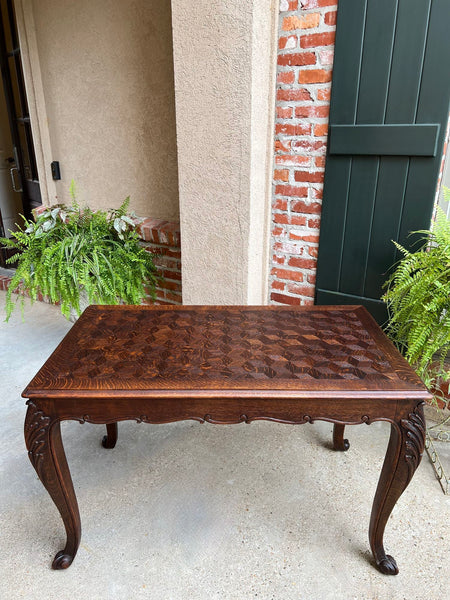 Antique French Sofa Side Table Writing Desk Louis XV Carved Oak Parquet Top