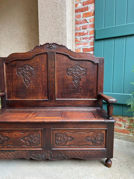 Antique French Louis XV Hall Bench Carved Oak Foyer Settee Lift Top Chest c1890