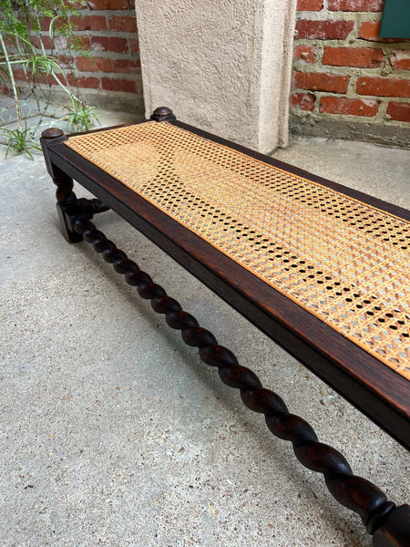 Antique English Barley Twist Stool Bench Oak Cane Jacobean Ottoman c1920