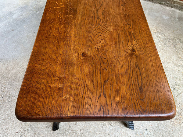Antique French Coffee Table Bench Country Farmhouse Tiger Oak Wrought Iron c1920