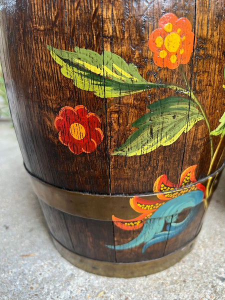 PAIR Set Antique English Oak Barrel Jardinière Planter Rosemaling Hand Painted