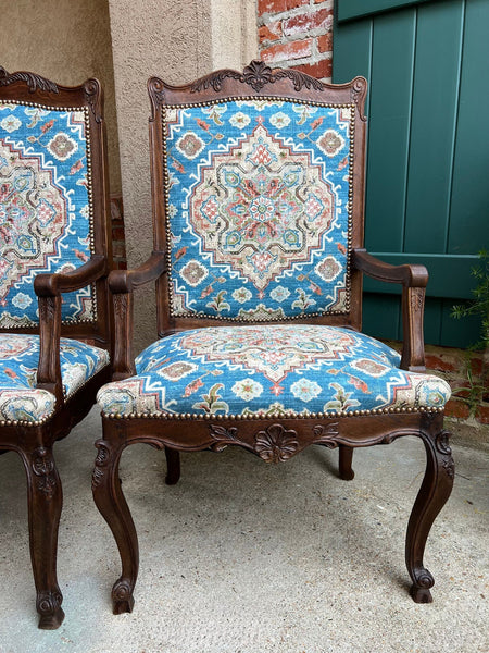 PAIR Antique French Dining Arm Chair Louis XV Carved Oak Blue Persian textile