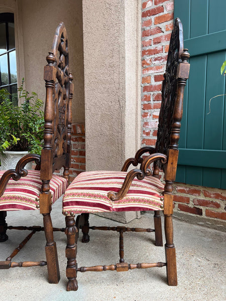 PAIR Antique French Dining Chairs Renaissance Revival Open Carved Oak SET of 2