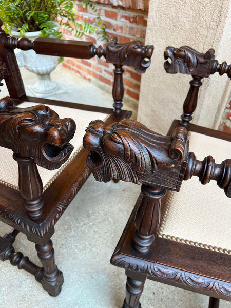 PAIR Antique French Arm Chair Dining Renaissance Carved Oak Bird Black Forest