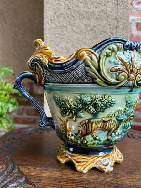 Antique French Majolica Jardinière Onnaing Tiger Monkey Jungle Cache Pot Planter