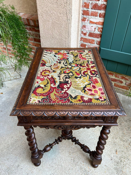 Antique French Sofa Table Writing Desk Barley Twist Carved Renaissance Tapestry