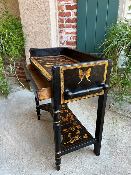 Antique English Sofa Side Table Decoupage Botanical Floral Black Gold c1890