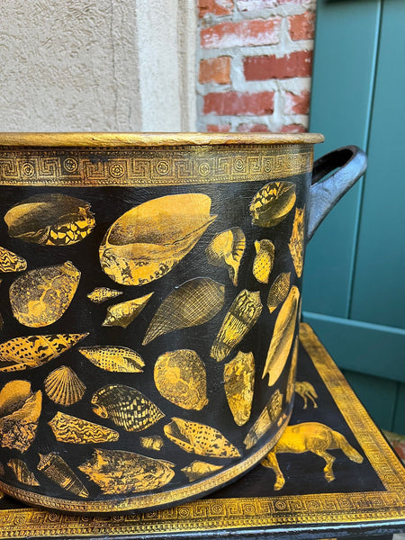 LARGE Antique English Planter Cachepot Black Metal Lacquer SHELL Decoupage c1890