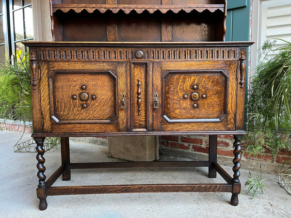 Antique English Welsh Dresser Sideboard Barley Twist Carved Tiger Oak Farmhouse