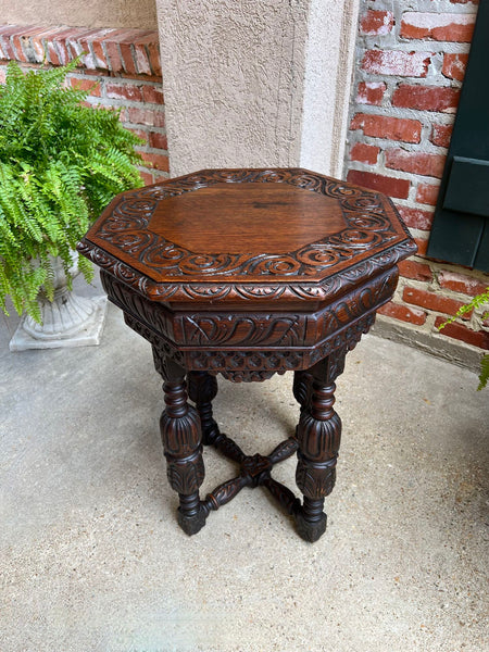 PETITE Antique French Octagon Center Side TABLE Side End Renaissance Carved Oak