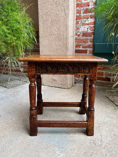 Antique English Footstool Bench Joint Stool Carved Oak Jacobean Stand c1900