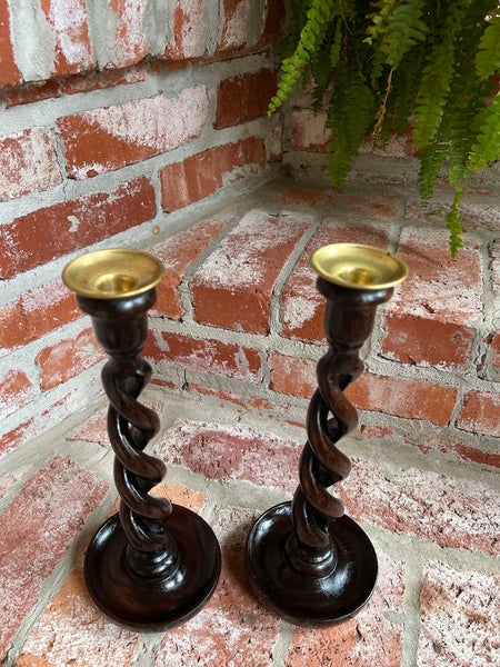 PAIR Set Antique English Oak OPEN Barley Twist Candlesticks Candle Holder Brass