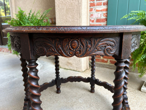 Antique French ROUND Side Center Table BARLEY TWIST Carved Oak Renaissance c1900