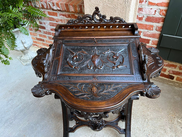 Antique French Writing Desk Secretary Black Forest Carved Oak Renaissance c1890