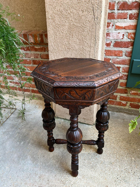 PETITE Antique French Octagon Center Side TABLE Renaissance Carved Oak c1890