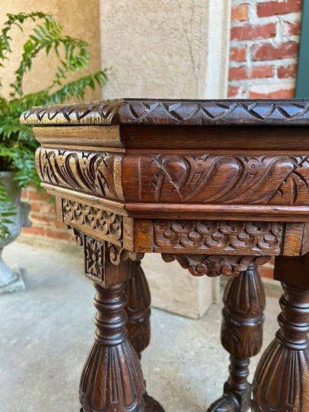 Petite Antique French Octagon Side TABLE Renaissance Carved Oak c1900
