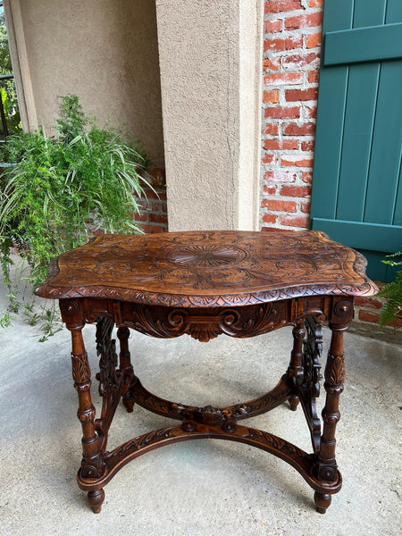 Antique French Sofa Hall Table Carved Oak Renaissance Revival Cherub End Table