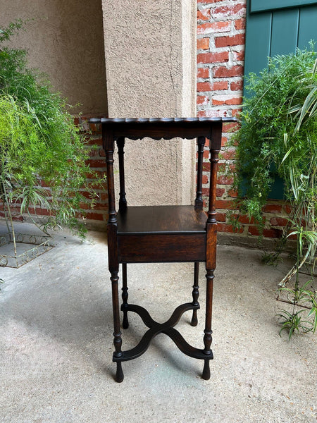 Antique English End Table SQUARE PETITE Jacobean Oak Two Tier c1900