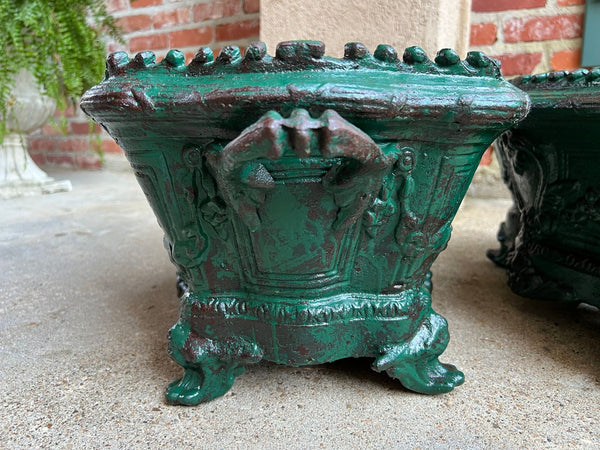 PAIR Antique French Cast Iron Jardiniere Large Footed Cache Pot Planter c1880