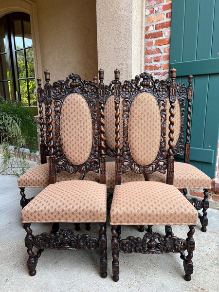 Set 4 TALL Antique French Dining Chair Barley Twist Renaissance Carved Oak 1890